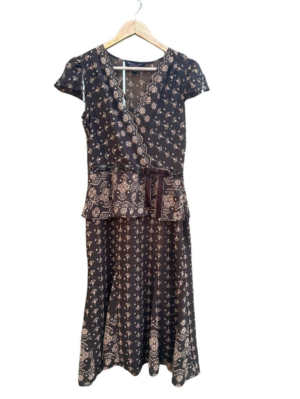 VTG Y2K Whimsigoth Brown Chiffon Paisley Midi Dress Signature by Robbie Bee Sz 8